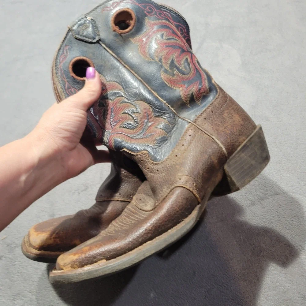 Justin Cowboy‎ Boots Kids 4D Brown Blue 2520JR Square Toe Western Leather Rodeo